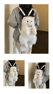 Cute white cat plush backpack for girls, fluffy kitten doll soft school bag with sweet bow.