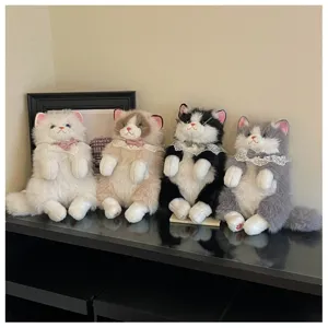 Cute realistic cat plush toy doll with elegant lace collar, detailed closeup view.