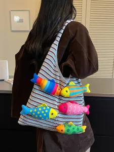Borsa a Spalla da Donna in Maglia con Pesce Carino Borsa Tote a Uncinetto a Righe Ondulate Stile Dopamina Borsa da Spiaggia Vacanza Sottoascella per Donna Casual