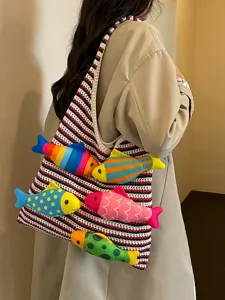 Borsa a spalla in maglia dopamina chic per donna, pesci 3D colorati, borsa da mare.