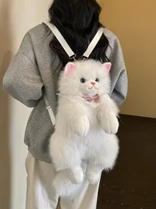 Realistic Cat Plush Backpack Cute Realistic Furry Cat Toy Doll Backpack With Lace Bowknot For Girls Kids Gift Daily Lightweight Soft Bag