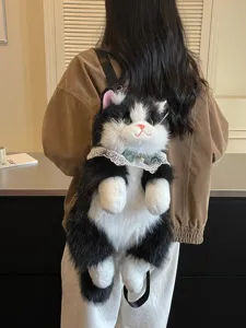 Cute plush cat backpack for girls, simulation stuffed animal shoulder bag with lace collar.
