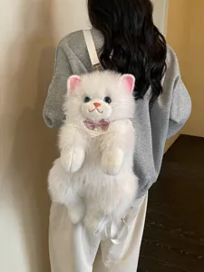 Cute simulation cat plush backpack fluffy white kitten shoulder bag for girls and kids gift.