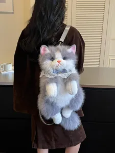 Fluffy grey and white cat plush backpack cute kitten soft toy daypack for girls and kids gift