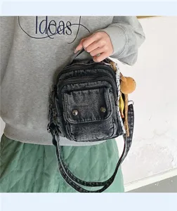Simple denim small square bag women autumn cute girl shoulder bag student vintage crossbody bag
