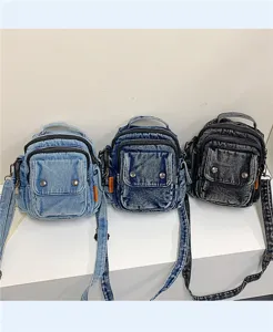 Casual denim crossbody bag featuring multi pockets and adjustable strap for women daily use.
