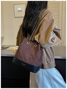Women fashion quilted bucket shoulder bag with chain strap autumn winter casual handbag