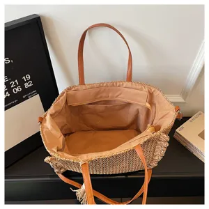 Casual straw woven tote bag for women, large capacity vacation beach shoulder bag with tassels.
