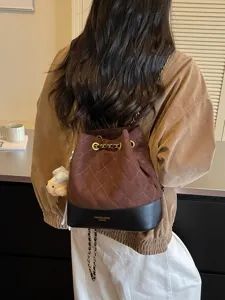 Women Autumn Winter Quilted Bucket Bag PU Leather Chain Crossbody Shoulder Bag Brown