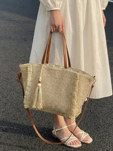Women Straw Bag Large Capacity Woven Shoulder Bag Summer Beach Vacation Tote Crossbody Bag With Tassel Wood Beads Charm