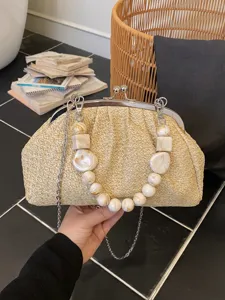 Sac Coquillage en Paille Tissé Avec Poignée en Perles Fermoir Kiss Lock Chaîne en Métal Épaule Sac Bandoulière pour Vacances Plage Femme Sac à Main