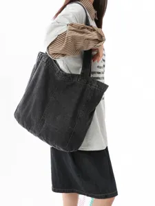 Casual large capacity washed denim canvas tote bag for daily commute and student use.