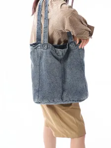 Casual washed denim tote bag, large capacity shoulder bag for student daily commuter style.