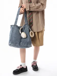 Casual washed denim tote bag large capacity shoulder handbag student daily commuter retro style