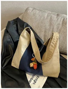 Vintage kleurblok canvas shopper tas voor dames, grote schoudertas voor school en dagelijks werk.