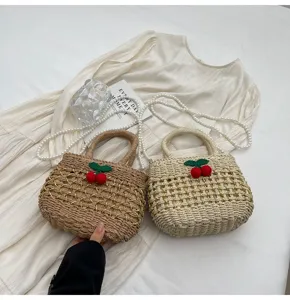 Straw woven handbag women pastoral style hollow shoulder bag pearl chain cute cherry summer beach bag
