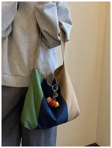 Retro kleurenblok canvas shopper tas voor dames, grote capaciteit voor school en werk.
