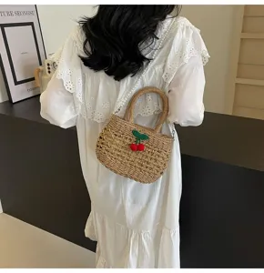Straw woven handbag with cherry decor, hollow out summer beach vacation shoulder bag.
