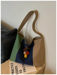 Retro colorblock canvas schoudertas tote bag, casual dagelijks commuter mode handtas.