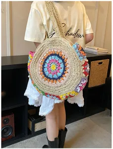 Bohemian πολύχρωμη πλεκτή ψάθινη τσάντα ώμου, μεγάλη υφαντή τσάντα παραλίας γυναικεία.