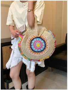 Bohemian πολύχρωμη πλεκτή ψάθινη τσάντα γυναικεία, στρογγυλή τσάντα παραλίας χειροποίητη.