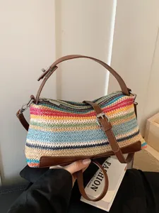 Sac bandoulière en paille tressée colorée, sac seau tendance plage arc-en-ciel pour femmes.