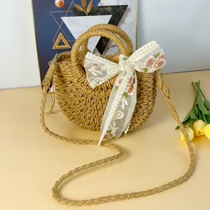 Bolso cruzado de paja tejida con lazo de encaje, estilo pastoral lindo bolso de playa verano.