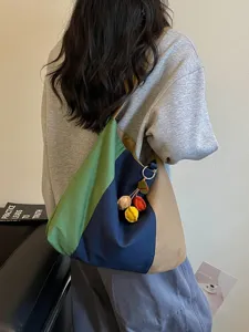 Retro Vintage Kleurenblok Canvas Tote Bag Dames Grote Capaciteit Casual Schoudertas Commuter Handtas Student Boekentas