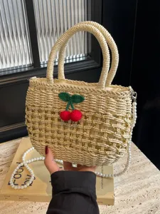 Womens Straw Woven Crossbody Bag Hollow Out Beach Vacation Shoulder Handbag With Pearl Chain Cherry Decor