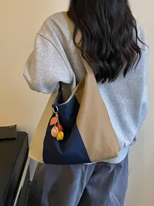 Retro color-block canvas schoudertas voor dames, casual grote herfst shopper tas.