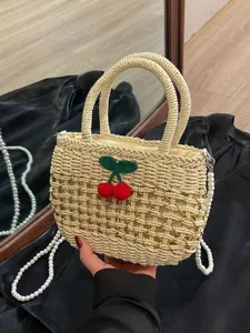 Handmade straw woven bag with cute crochet cherry and pearl handle, pastoral style tote.