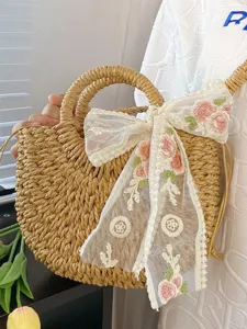 Elegante bolso de mano de paja para mujer, lindo lazo de flores bandolera bolsa de playa