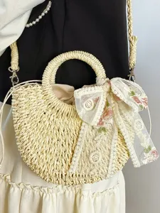 Bolso de paja estilo campestre con lazo, bonito bolso cruzado de playa para verano de mujer.