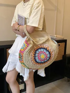 Bohemian boho πολύχρωμη ψάθινη τσάντα ώμου για γυναίκες, κομψή μεγάλη τσάντα παραλίας καλοκαίρι.