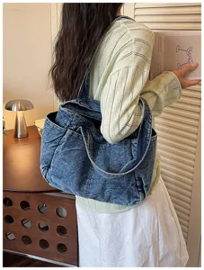 Casual πλυμένη τσάντα ώμου denim μεγάλη χωρητικότητα vintage τσάντα tote για ταξίδια
