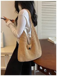Borsa a tracolla in paglia intrecciata da donna, grande borsa hobo traforata per vacanze estive mare