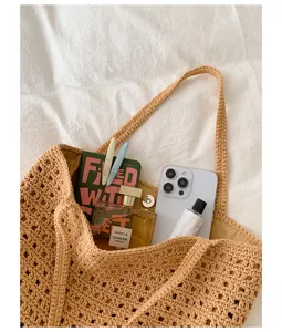 Sac cabas en crochet décontracté pour femme, élégant sac d'épaule de plage d'été grande capacité