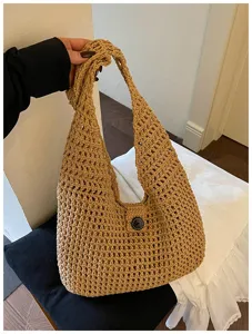 Borsa hobo lavorata a maglia per donna, elegante borsa da spiaggia estiva con bottone.
