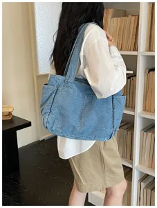 Fashion Retro Casual Denim Tote Bag Μεγάλης Χωρητικότητας Washed Denim Commuter Handbag Simple Travel Shoulder Bag