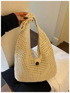 Moderna borsa a tracolla lavorata a uncinetto da donna, grande borsa da spiaggia estiva.
