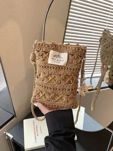 Sac bandoulière en paille crochetée bohème pour femme, élégant sac de téléphone de plage d'été.