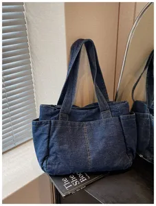 Casual τσάντα shopper από τζιν για γυναίκες μεγάλη χωρητικότητα ρετρό τσάντα ώμου ταξιδιού