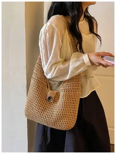 Borsa a tracolla intrecciata casual estiva da donna, borsa da spiaggia in paglia marrone
