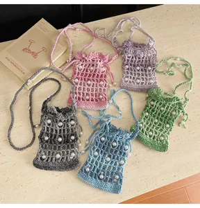 Gehaakte kralen telefoon tas, holle geweven crossbody tas voor strandvakantie, lichtgewicht.
