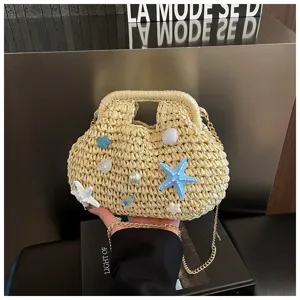 Borsa a mano in paglia intrecciata spiaggia spalla tracolla con conchiglie stelle.