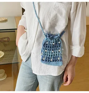 Blauwe gehaakte kralen telefoon tas, strand vakantie lichtgewicht schouder tasje.