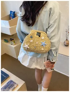 Borsa a tracolla in paglia da spiaggia donna con decoro conchiglia, borsa da vacanza estiva chic
