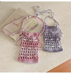 Gehaakte parel crossbody tas stijlvolle strandtelefoontas handgemaakte gebreide schoudertas