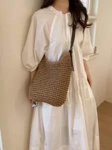 Sac Bandoulière en Paille Tressée Grande Capacité Style Bohème Sac de Plage et Cabas