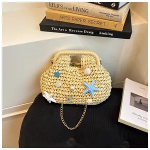 Borsa a mano in paglia con decorazioni di stelle marine e perle, borsa da spiaggia carina.